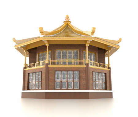 3D golden Chinese pavilion temple building in white backgroundの写真素材
