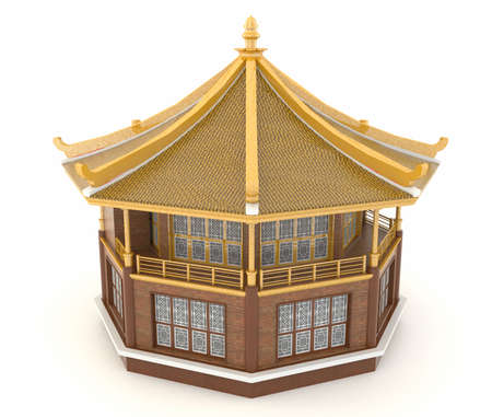 Upper view of 3D golden Chinese pavilion temple building in white backgroundの写真素材