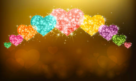 Row of sparkle love hearts symbol with glittering magical dust and stars pattern background with blank space. In valentine or love anniversary celebration colorful banner background layout, create by vectorのイラスト素材