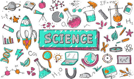 Science chemistry physics biology and astronomy education subject doodle icon.のイラスト素材