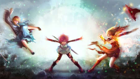Cartoon illustration of a warrior girl blasting magic power attack to women witch and sorcerer in japanese manga fantasy concept.の写真素材