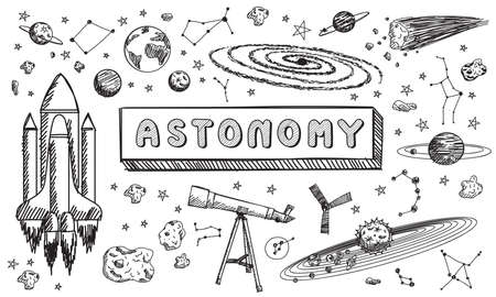 Black and white sketch astronomy science education subject doodle icon, doodle for presenation title or school education promotion in fundamental astronomy science concept, create by vectorのイラスト素材