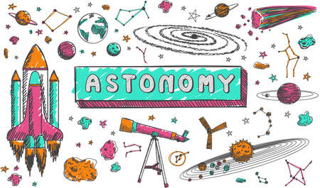 Astronomy science education subject doodle icon doodle for presenation title or school education promotion in fundamental astronomy science concept, create by vectorのイラスト素材