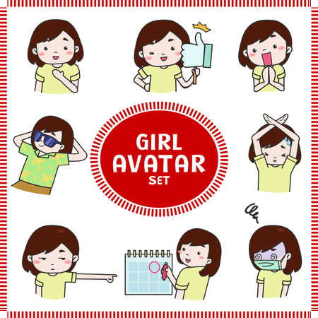 Cute cartoon illustration of girl and woman avatar icon in various planning activities and mood set 3. Girl icon set in Japanese manga style, create by vectorのイラスト素材
