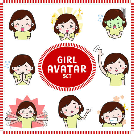 Cute cartoon illustration of girl and woman avatar icon in various activities and mood.のイラスト素材