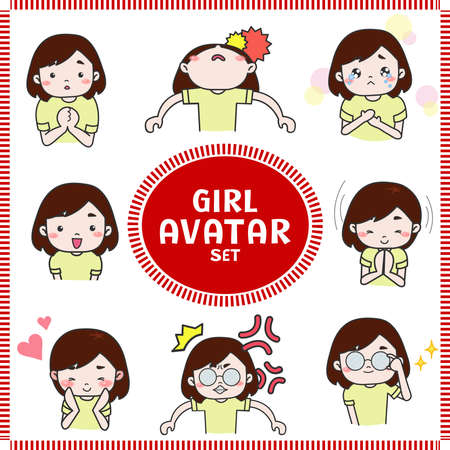 Cute cartoon illustration of girl and woman avatar icon in various activities and mood.のイラスト素材