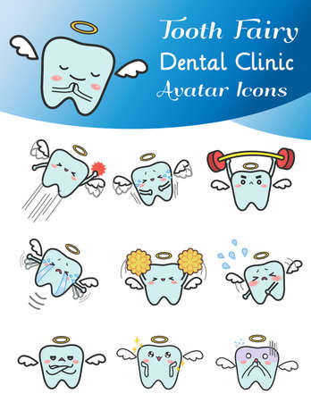 Cute cartoon illustration of tooth fairy avatar icon in various activities and mood.のイラスト素材