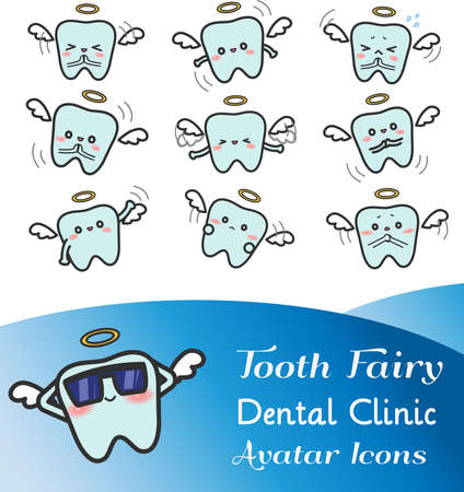 Cute cartoon illustration of tooth fairy avatar icon in various facial expression and mood.のイラスト素材