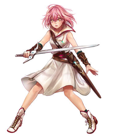 Cute original character design of fantasy female girl warrior or swordswoman magic fencer knight named Lenaria in Japanese manga illustration style with isolated white backgroundの写真素材