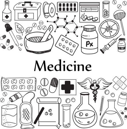 Medicine and pharmaceutical doodle handwriting icons of medicines tools. Sign and symbol in white paper background for health presentation or subject title.のイラスト素材
