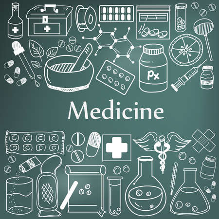 Medicine and pharmaceutical doodle handwriting icons of medicines tools. Sign and symbol in blackboard background for health presentation or subject title.のイラスト素材