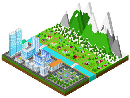 Graphic building, real estate, house and cityscape architecture in urban separate from natural countryside town.のイラスト素材