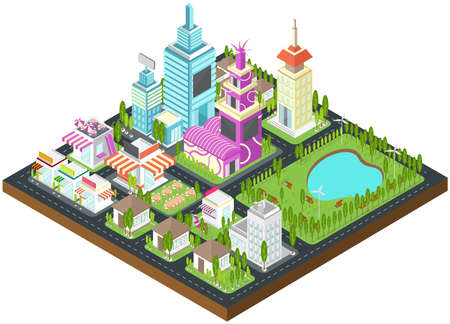 Graphic city building, real estate, house and cityscape architecture with clean wind energy environment and nature in 3D isometric design.のイラスト素材