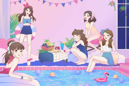 Cartoon illustration of 5 cute Asian teen girls having fun and pool party in the large bathroom with swimsuit in vintage fashion style comic.の写真素材