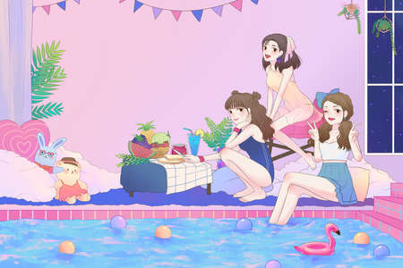Cartoon illustration of 3 cute Asian teen girls having fun and pool party in the large bathroom with swimsuit in vintage fashion style comic with free space on the left.の写真素材