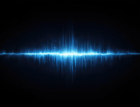 A vibrant blue sound wave graphic is displayed against a stark black backdrop. The image presents vertical lines of varying heights, forming a dynamic wave pattern. The composition suggests motion and energy, with a futuristic aesthetic. Suitable for use in technology, communication, or digital media projects.の素材