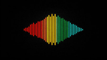 A diamond-shaped graphic features vertical lines of varying colors against a dark background. The color palette includes shades of red, yellow, green, and blue. This composition utilizes symmetry, suggesting balance and harmony. It could be suitable for use in presentations, digital art projects, or promotional materials.の素材