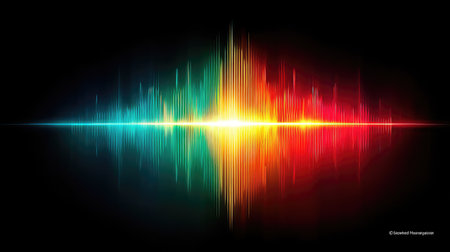 An abstract illustration features a vibrant audio waveform. The artwork presents a spectrum of colors, from blue and green to yellow and red, set against a dark backdrop. The composition highlights symmetrical elements, with central focus and dynamic lines. Suitable for various applications in design and media.の素材