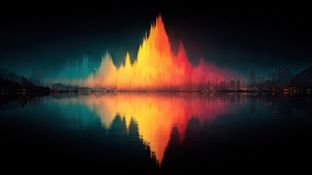 This image presents an abstract landscape featuring a vibrant, multicolored mountain range reflected in still water. The composition utilizes bold colors and a dark background, suggesting a night setting. It could be suitable for various commercial applications, including design projects, website backgrounds, and creative visual content.の素材