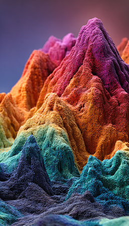 An abstract artistic representation features a mountain range with a gradient of colors. The composition showcases a textured surface with layers of shades. This digital artwork uses vibrant hues and could be suitable for various creative projects and design concepts.の素材