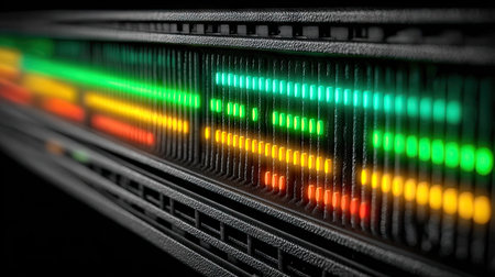 This image presents a close-up view of an equalizer display, featuring an array of colorful, illuminated bars. The composition highlights the bright, saturated colors of the lights against a dark backdrop. This visual could be suitable for illustrating technology, sound, or data representation in various commercial applications.の素材