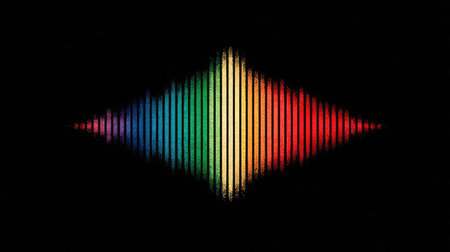 A digitally rendered illustration features a diamond shape constructed from vertical lines. The lines showcase a vibrant spectrum of colors, including red, green, and blue, set against a stark black backdrop. This graphic's design suggests applications in digital art, visual effects, or promotional materials.の素材