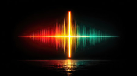 An abstract image features overlapping horizontal and vertical lines of vibrant color. The visual emphasizes red, yellow, and green hues against a dark background. The composition uses light and shadow to create depth, suggesting a digital or technological theme. This image is potentially useful for design elements and conceptual projects.の素材