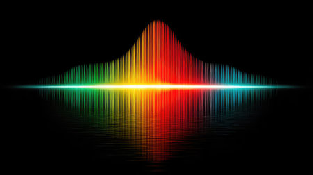 A vibrant audio waveform is depicted against a dark backdrop. The design showcases a spectrum of colors including red, yellow, green, and blue. The digital style, with its clean lines and gradient effects, can be utilized in various commercial and editorial applications.の素材
