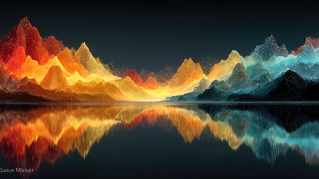 This image showcases an abstract landscape featuring a vibrant mountain range reflected in still water. The mountains are rendered in a mix of warm and cool colors, including orange, yellow, and blue. The scene suggests a serene environment, potentially suitable for artistic projects, design elements, and visual storytelling.の素材