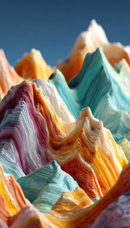 This illustration features a stylized representation of colorful mountains against a clear blue sky. The image showcases vibrant hues, varied textures, and a dynamic composition. The artwork suggests an outdoor setting and is suitable for a variety of commercial and artistic applications. The lighting appears bright, enhancing the visual appeal.の素材