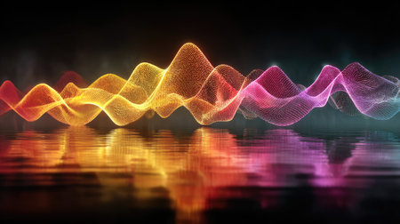 An abstract artwork depicts a vibrant sound wave pattern, with colors ranging from orange to purple. The digital composition has a reflective surface, enhancing the visual depth. The image conveys a sense of energy, motion, and artistic expression, suitable for various creative projects and visual communication purposes.の素材
