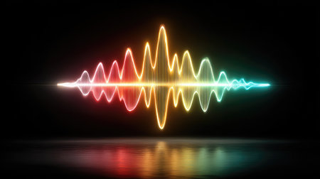 A vibrant digital audio waveform is displayed against a black backdrop, exhibiting a spectrum of colors. The illustration features a dynamic, glowing line that reflects on the surface below. Suitable for presentations, websites, and various design projects requiring visual representations of sound.の素材