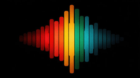 A vibrant graphic showcases a sound waveform with a spectrum of colors. Vertical bars rise and fall, suggesting audio frequencies against a black backdrop. The composition features bold colors and a digital aesthetic. This image is suitable for illustrations related to music, technology, or design applications.の素材