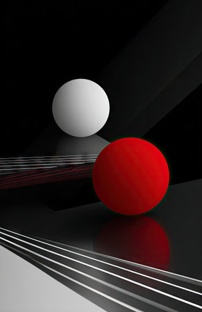 A geometric artwork showcases two spheres, one red and one white, against a dark, reflective backdrop. The composition features clean lines and a contrasting color scheme. The overall style suggests a modern design aesthetic, suitable for various applications, including graphic design, marketing materials, and editorial content.の素材