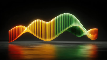 This image features a digital wave form in vivid orange, yellow, and green gradients. The wavy lines are presented against a dark backdrop, creating a contrast with a reflective surface below. Ideal for graphic design projects, it offers versatile visual appeal suitable for diverse applications.の素材