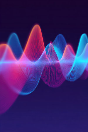 An abstract visual depicts a series of waveforms, possibly representing sound. The composition uses gradients of red, orange, and blue hues. The image is set against a dark background, suggesting a digital or virtual environment. It might be used for technology, science, or design projects.の素材