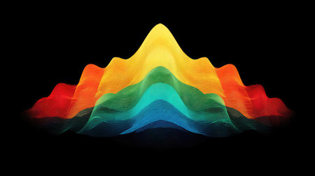 An abstract graphic shows a layered wave formation with vibrant colors, reminiscent of a mountain range. The image features shades of red, orange, yellow, green, and blue against a black backdrop. The composition and lighting create a visually appealing, potentially suitable for various design applications.の素材