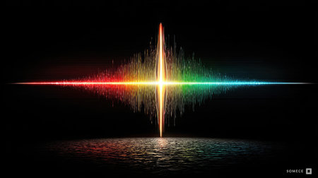 This graphic depicts a vibrant audio spectrum visualized as a colorful wave against a dark backdrop. The image showcases a dynamic interplay of light and color, with lines radiating from a central point. It suggests concepts of technology, sound, and data, and might be used for design and marketing.の素材