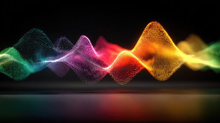 This image presents a vibrant display of an abstract sound wave. The composition features undulating lines of multicolored particles against a dark backdrop. The visual texture appears digital with a possible lighting effect. This imagery may be suitable for use in technology, design, or creative projects.の素材