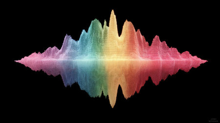 This image presents a vibrant, abstract waveform in multiple colors, with a mirrored reflection effect. The graphic features a three-dimensional appearance with a textured surface. The overall composition is set against a solid black backdrop, suggesting a digital or creative context. Suitable for illustrative purposes, it can be used in various commercial or editorial applications.の素材
