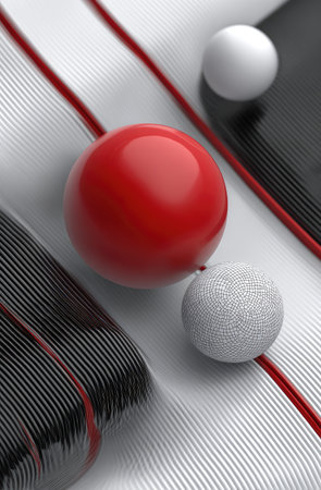 This image showcases an abstract design featuring a red sphere and two other spheres, set against a background of white and grey linear textures. The composition also incorporates linear elements, suggesting a modern and minimalist aesthetic. It could be used for various commercial or editorial applications such as advertising or design projects.の素材