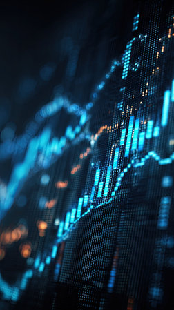 An abstract image displays a complex data visualization, likely representing financial information. Vivid blue and orange hues illuminate the graphic elements against a dark backdrop. The composition suggests analytical processes and commercial applications, suitable for use in reports, presentations, and educational materials.の素材