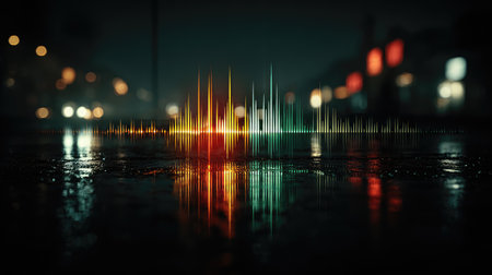 An abstract graphic depicts sound waves rendered in vibrant colors, set against a blurry background of city lights at night. The image utilizes dynamic lighting, emphasizing the reflection on a wet surface. This design is suitable for editorial content, technology features, and artistic presentations.の素材
