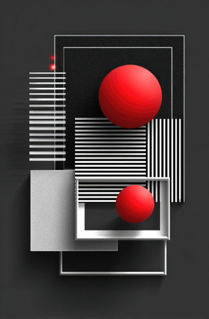 An abstract composition features red spheres and geometric shapes. The design incorporates rectangles, squares, and lines, predominantly in black, white, and gray tones. The composition is likely created using digital tools, with a clean, modern aesthetic suitable for various applications.の素材