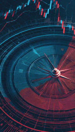 An illustration presents a compass superimposed over a financial chart, rendered in cool tones. The composition showcases radial lines and data visualizations. It could be used for illustrating concepts about finance, market analysis, or indicating direction, suitable for various editorial and commercial applications.の素材