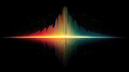 A vibrant sound wave form is depicted in a dynamic composition. The artwork showcases a spectrum of colors from red to green, reflecting across a horizontal plane. The design highlights a modern aesthetic with potential applications for digital media, audio, and visual projects. Suitable for various editorial and commercial purposes.の素材