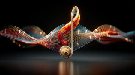 A golden musical note is centered, interwoven with vibrant, flowing lines and abstract digital waveforms. The artwork features a blend of warm hues and cool tones, creating a sense of depth and movement against a dark backdrop. This image is suitable for various creative projects, including design and conceptual representations.の素材