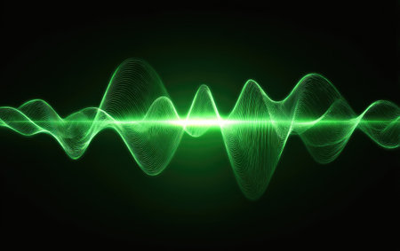 A digitally created illustration presents a vibrant green waveform against a dark backdrop. The image displays curving lines, possibly representing sound or energy, with a glowing center. This design could be used for technology visualizations, scientific applications, or abstract artistic projects. The dark background enhances the vivid color.の素材