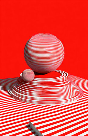 An abstract composition features a spherical object atop a conical shape, presented against a vivid red backdrop. The objects display a texture with fine parallel lines, creating a dynamic visual. The image may be suitable for graphic design, advertising materials, or artistic applications, offering a modern visual impact.の素材