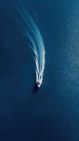 An overhead view shows a boat navigating across deep blue water. The vessel leaves a prominent white wake against the darker water. The composition emphasizes lines and patterns created by the boat's movement. This image is suitable for use in various commercial and editorial contexts.の素材